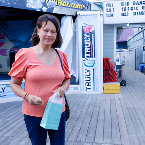 A woman wearing a coral pink top and dark pants is walking on a wooden boardwalk holding a small shopping bag. Behind her are storefronts with signs, including one that says 'TRULY'.