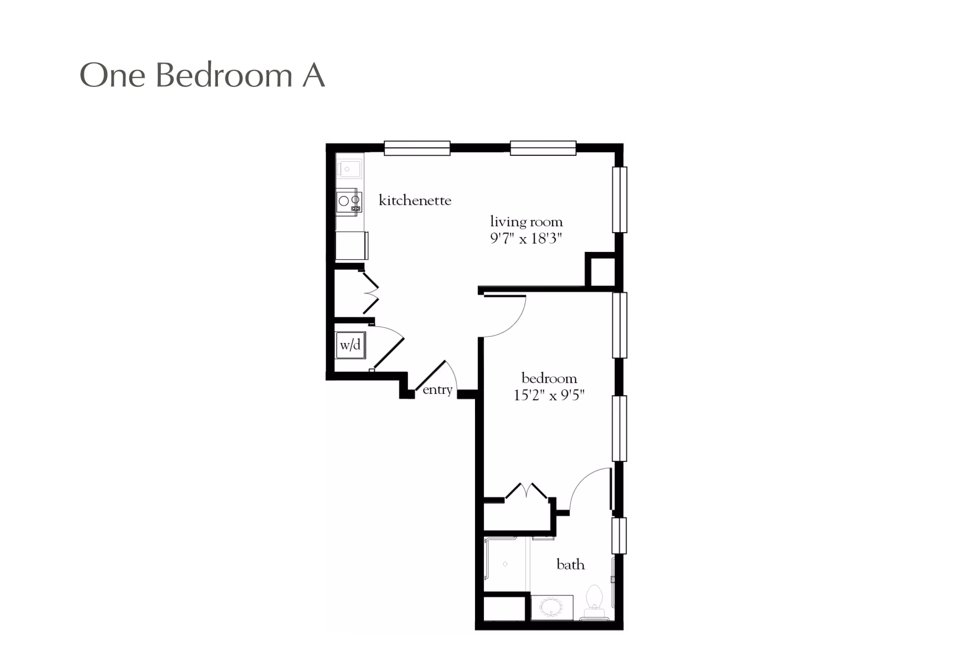 Floor plan layout of a one-bedroom apartment labeled One Bedroom A, showing a kitchenette, living room, bedroom, bathroom, entry, and washer/dryer area.