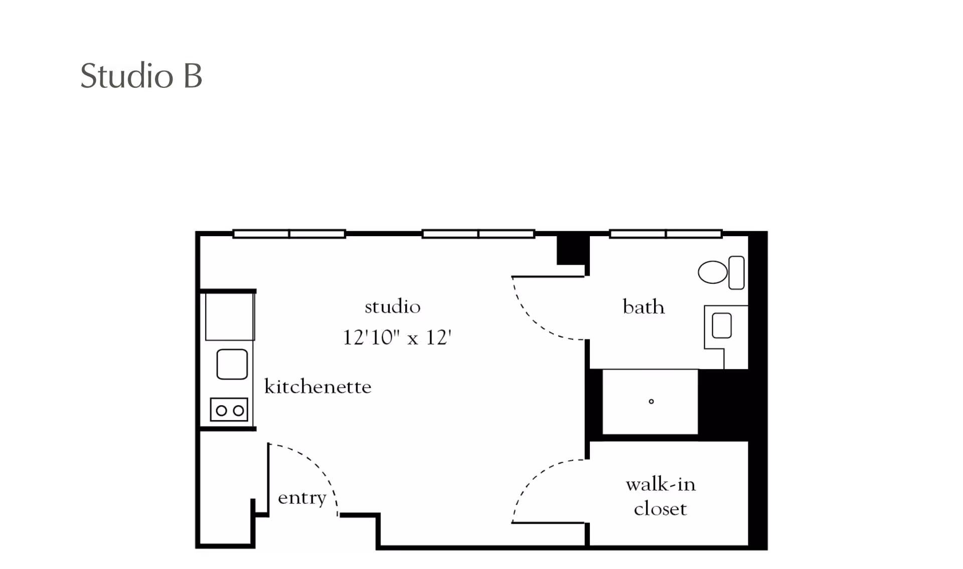 Floor plan of a studio apartment labeled Studio B, featuring an entry area, kitchenette, main studio room measuring 12 feet 10 inches by 12 feet, a bathroom with toilet and sink, and a walk-in closet.