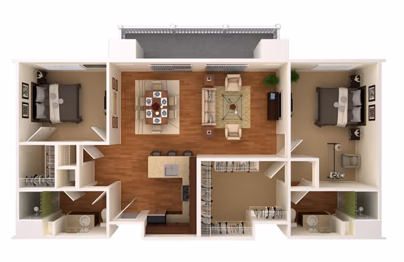 Top-down view of a two-bedroom apartment floor plan featuring a central living room with sofa, armchairs, coffee table, and TV, adjacent dining area with a table and six chairs, kitchen with an island and three bar stools, two bedrooms each with a bed and nightstands, two bathrooms, and multiple closets.