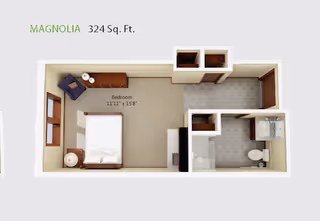 3D floor plan of a senior living unit named Magnolia, measuring 324 square feet. The layout includes a bedroom with a bed, nightstand, armchair, and dresser. Adjacent to the bedroom is a bathroom with a toilet, sink, and shower. There is also an entryway area with closet space.