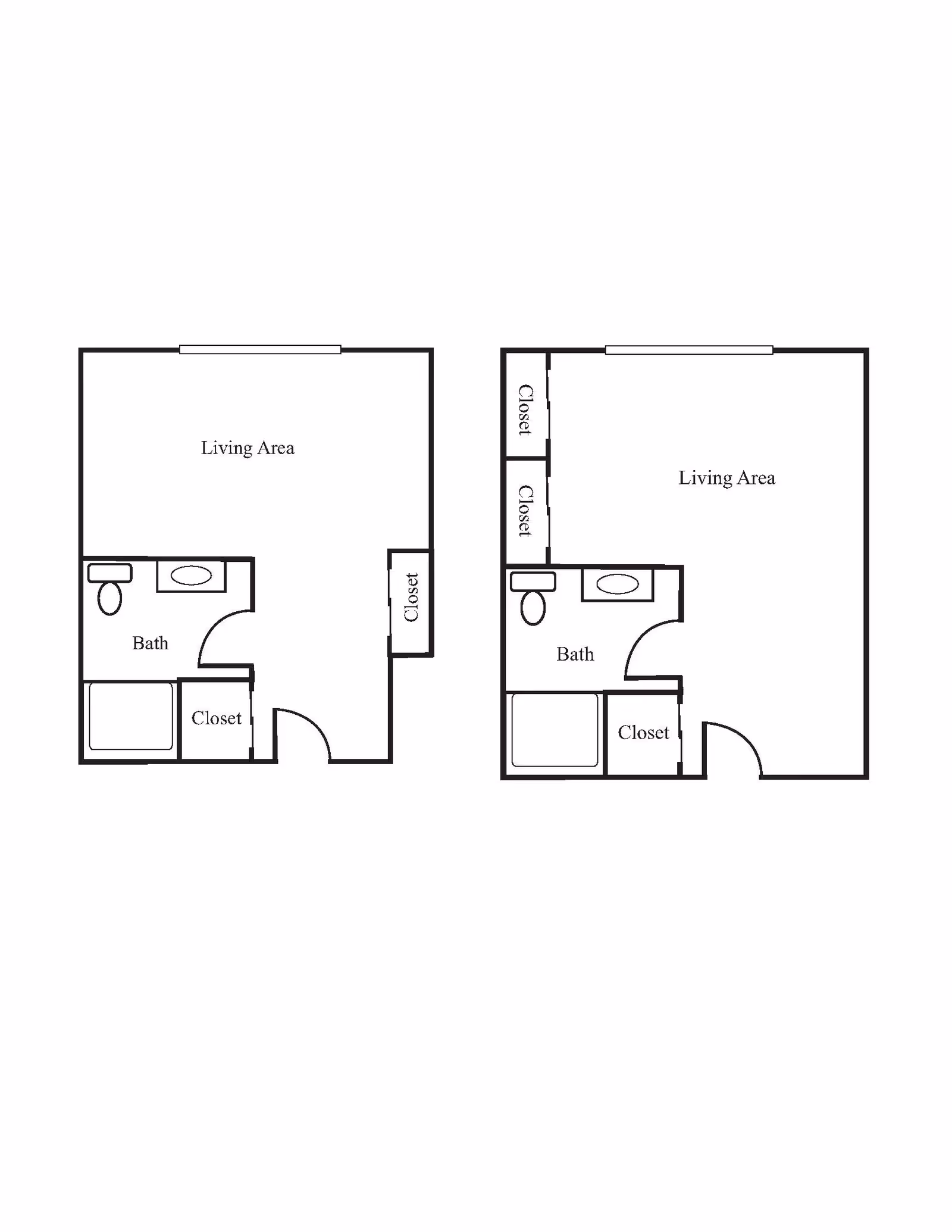 Two architectural floor plans side by side, each showing a living area, a bathroom with a toilet and sink, and closets. Both layouts have a similar arrangement with slight variations in closet placement.