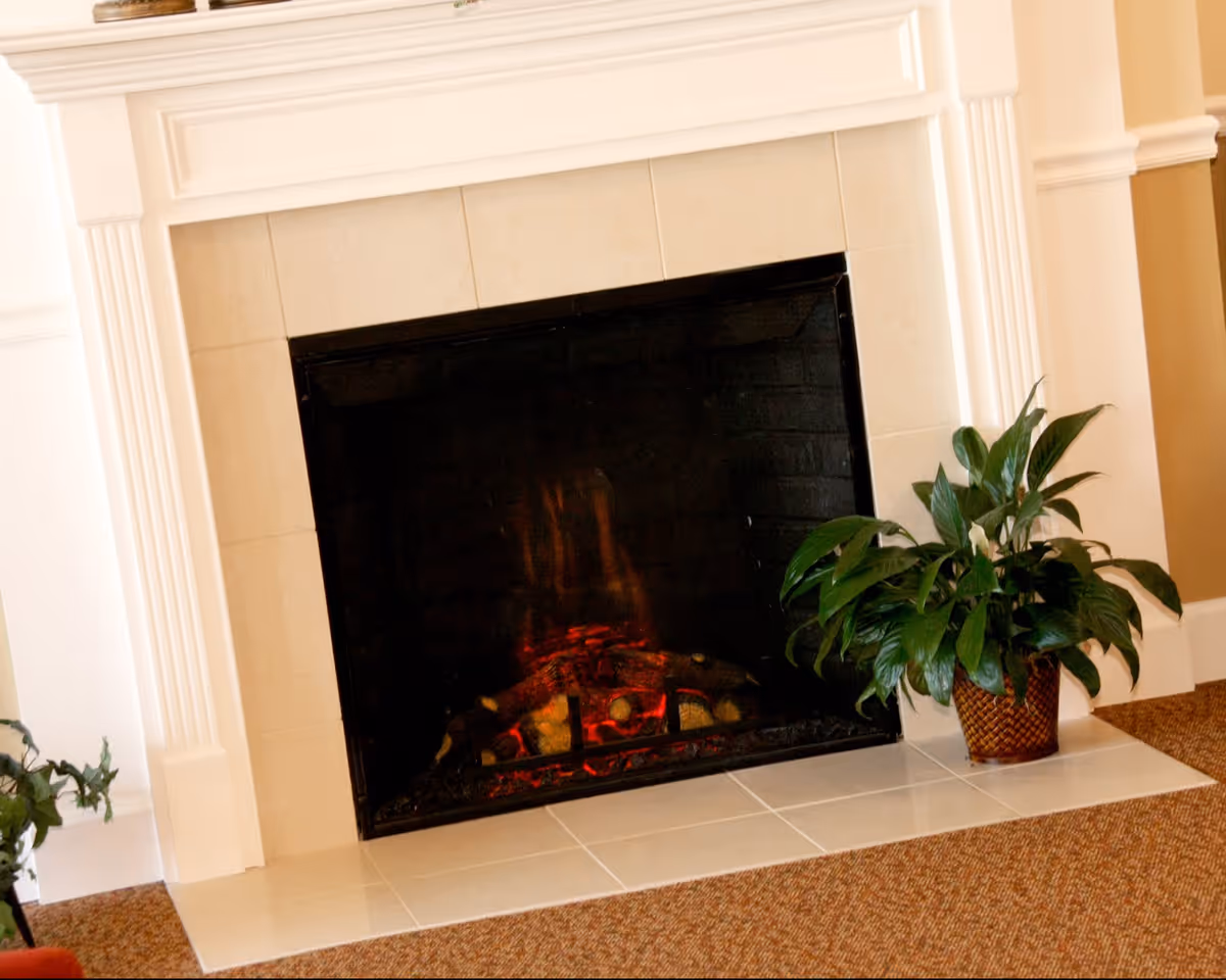 A cozy indoor fireplace with a white mantel and beige tiles surrounding the firebox. There is a green potted plant in a woven basket placed on the tiled hearth to the right of the fireplace. The floor is carpeted in a brownish color.