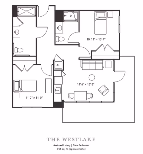 Floor plan of The Westlake assisted living two-bedroom apartment at The Village at The Triangle, showing two bedrooms, two bathrooms, a living room with seating and dining area, a kitchen, and an outdoor patio. The total area is approximately 806 square feet.