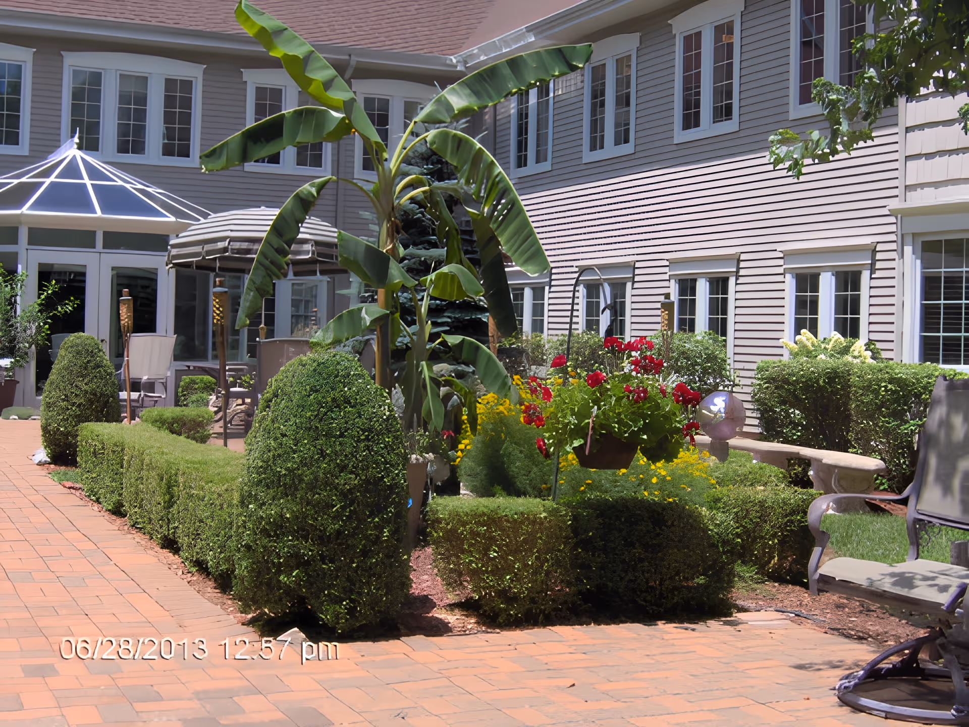 Outdoor courtyard area of a senior living facility with neatly trimmed bushes, a banana plant, hanging flower basket with red flowers, patio chairs, and umbrellas. The building with multiple windows surrounds the courtyard.