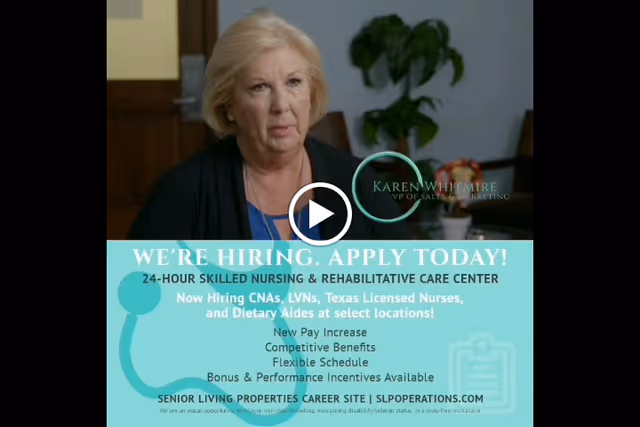 A middle-aged woman with blonde hair is speaking in an indoor office setting with a plant and a door in the background. Text overlay at the bottom announces a hiring notice for a 24-hour skilled nursing and rehabilitative care center, listing positions available and benefits.