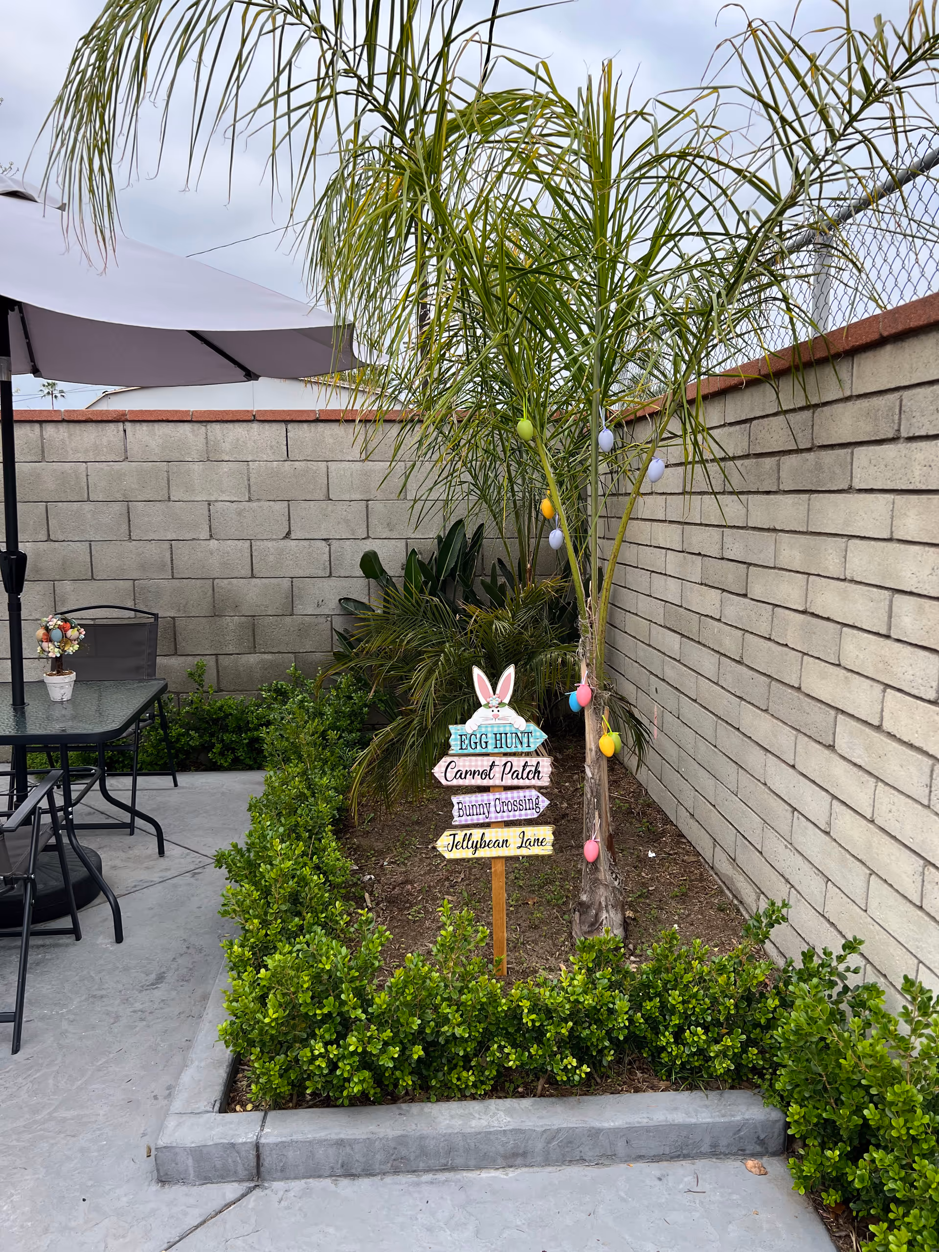 Outdoor patio area with a small garden bed containing a palm tree decorated with colorful Easter egg ornaments. A wooden signpost in the garden bed has four signs reading 'Egg Hunt', 'Carrot Patch', 'Bunny Crossing', and 'Jellybean Lane'. To the left, there is a glass-top table with chairs and a large umbrella providing shade. The area is enclosed by a concrete block wall and a chain-link fence.