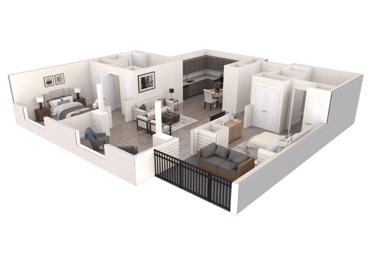 3D floor plan of a residential unit featuring two bedrooms, a living room with seating, a kitchen with dining area, and a small outdoor patio with seating.