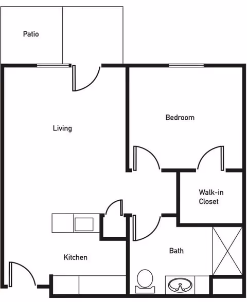 Floor plan of a one-bedroom apartment at Emerald Glen of Olney showing a patio, living room, kitchen, bedroom with a walk-in closet, and a bathroom with a toilet, sink, and shower.