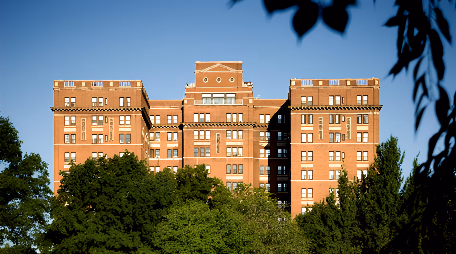 Exterior view of a large, multi-story brick building partially obscured by green trees under a clear blue sky.