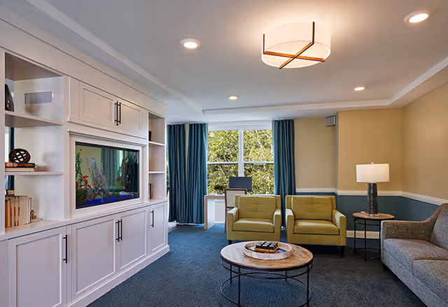 A cozy living room with a built-in white cabinet featuring a large aquarium. The room has two green armchairs, a gray sofa, a round wooden coffee table, a side table with a lamp, and a window with blue curtains letting in natural light.