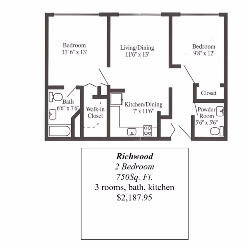 Floor plan of a two-bedroom apartment named Richwood, showing dimensions and layout including two bedrooms, a living/dining area, kitchen/dining area, a bath, a powder room, a walk-in closet, and closets. The total area is 750 square feet with a monthly rent of $2,187.95.