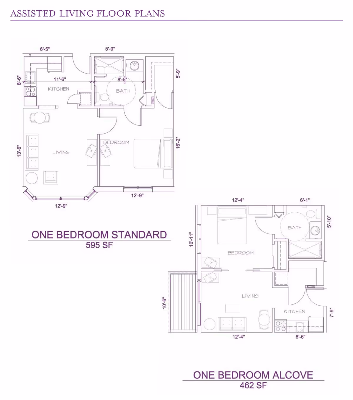 Floor plans for assisted living units at Garden Villas Of Lenexa, showing layouts for One Bedroom Standard (595 square feet) and One Bedroom Alcove (462 square feet) apartments. Each plan includes labeled areas for kitchen, bath, bedroom, and living spaces with dimensions.