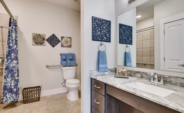 A clean and modern bathroom featuring a white toilet with a grab bar and two blue towels hanging above it. There is a blue floral shower curtain on the left side and a brown basket on the floor. The vanity has a granite countertop with a sink, a silver faucet, and a large mirror above it. Blue decorative wall art and a blue hand towel are mounted on the wall next to the mirror.