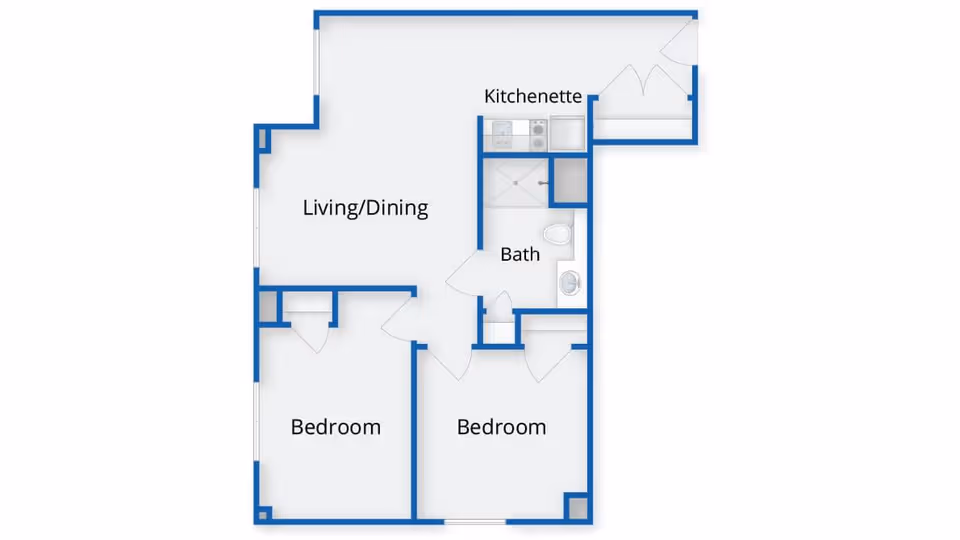 Floor plan of an apartment at Evans Park at Newton Corner showing two bedrooms, a combined living and dining area, a kitchenette, and a bathroom.