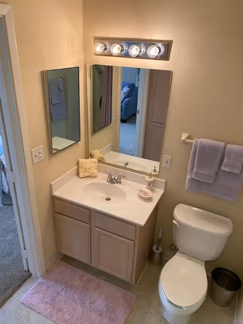 A small bathroom with a white sink and countertop set in a light wood vanity. Above the sink is a rectangular mirror with a light fixture featuring four bulbs. To the right of the sink is a white toilet with a silver toilet brush holder and a small trash can nearby. A towel rack on the wall holds two folded lavender towels. A pink bath mat is placed on the floor in front of the vanity. The bathroom walls are painted a light beige color, and a doorway leads to a carpeted room with a blue armchair visible.