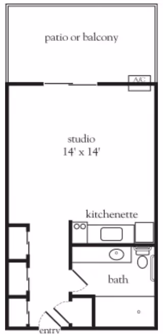 Floor plan of a studio apartment at Atria Willow Glen showing a 14 by 14 foot studio area, a kitchenette, a bathroom, an entryway, and a patio or balcony. The kitchenette includes a stove, sink, and refrigerator. The bathroom has a sink, toilet, and bathtub. An air conditioning unit is indicated near the patio or balcony.
