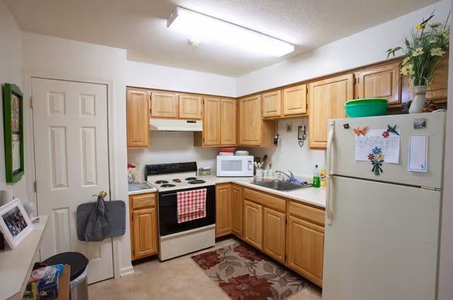 A compact kitchen with wooden cabinets, a white refrigerator decorated with magnets and papers, a white microwave on the counter, an electric stove with a red and white checkered towel hanging on the handle, a sink with dish soap, and a floral rug on the floor. There is a door on the left side and various kitchen items and decorations are visible.