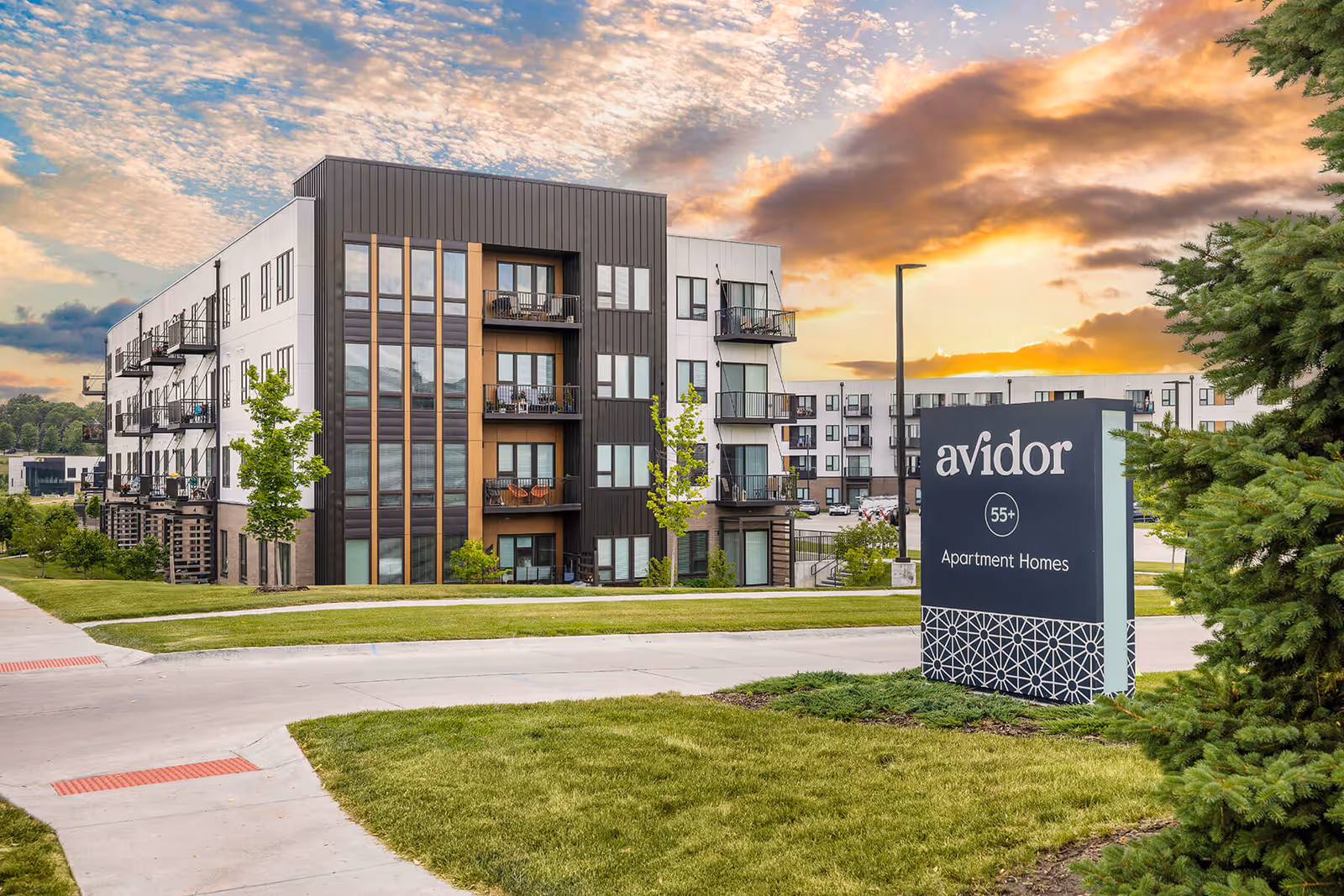 Modern multi-story apartment building with balconies at sunset, surrounded by green grass and trees, with a sign in the foreground that reads 'Avidor 55+ Apartment Homes'.