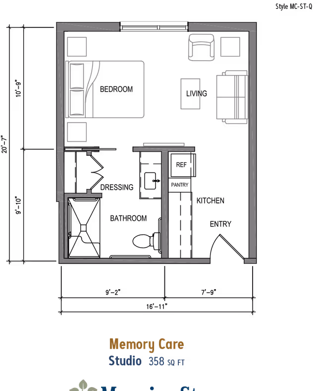 Floor plan layout of a Memory Care studio apartment at MorningStar Senior Living at River Oaks, showing a 358 square feet space with a bedroom area including a bed and nightstands, a living area with a chair, coffee table, and sofa, and a bathroom.