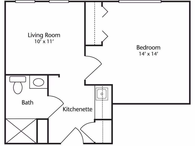 Floor plan of a senior living unit at Charter Senior Living of Dedham showing a living room measuring 10 by 11 feet, a bedroom measuring 14 by 14 feet, a bath with toilet and sink, and a kitchenette area.