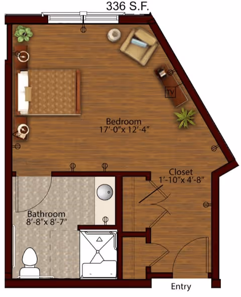 Floor plan of a 336 square foot living space at Harmony at Harts Run, showing a bedroom measuring 17 feet by 12 feet 4 inches with a bed, armchair, TV, and plants. The plan includes a bathroom measuring 8 feet 8 inches by 8 feet 7 inches with a toilet, sink, and shower, a closet measuring 1 foot 10 inches by 4 feet 8 inches, and an entry door.