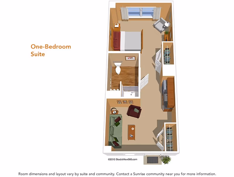 3D floor plan of a one-bedroom suite showing a bedroom with a bed and chair, a bathroom with a toilet and shower, and a living room with a sofa, armchair, coffee table, and TV cabinet.
