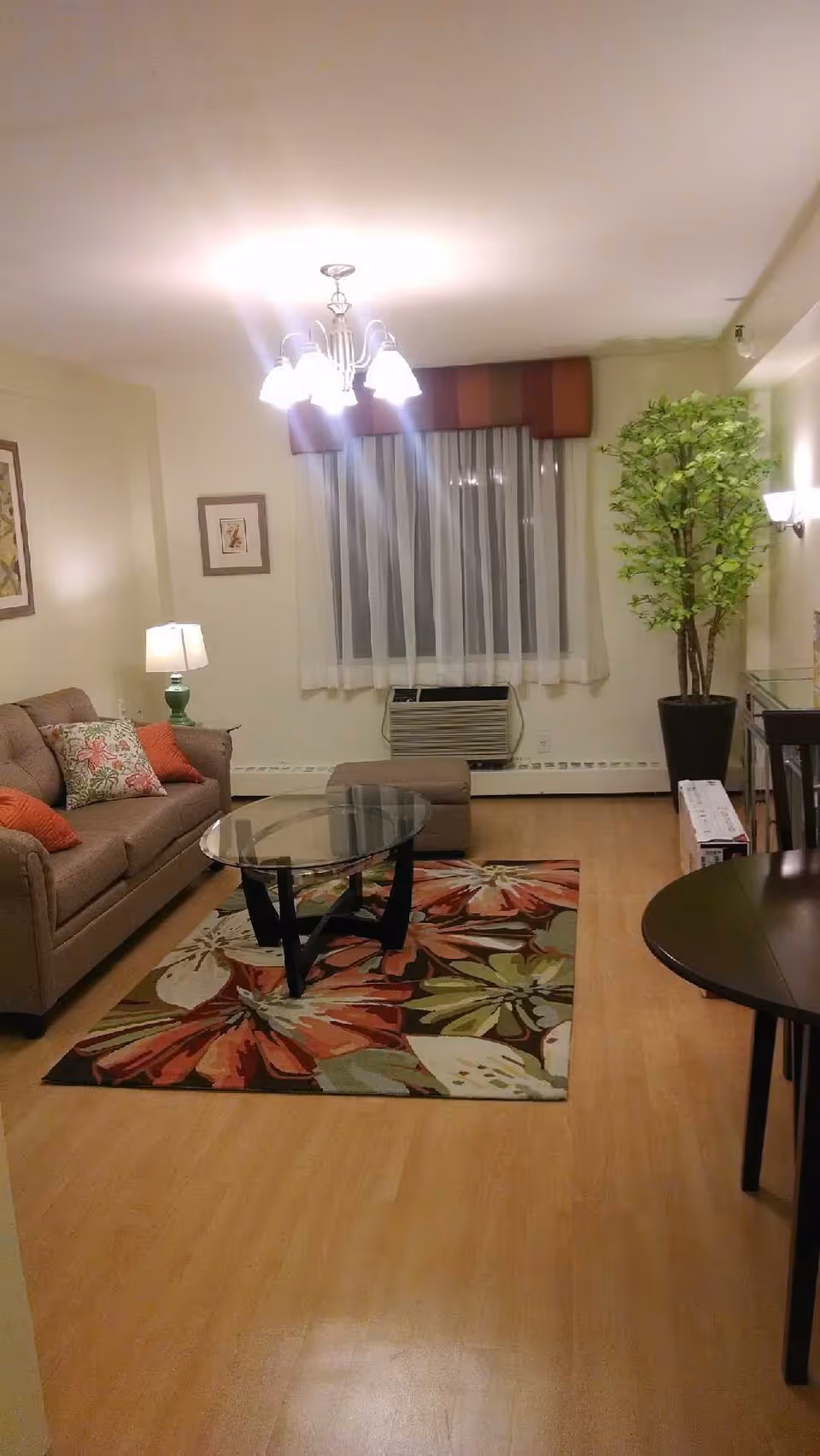A cozy living room with a beige sofa adorned with colorful cushions, a glass coffee table on a floral patterned rug, a small ottoman, a tall potted plant, and a window with sheer curtains and a valance. The room has wooden flooring, a ceiling light fixture, a table lamp, and framed artwork on the walls.