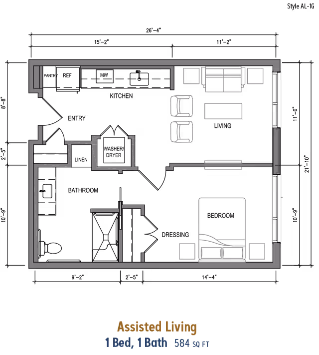 Floor plan of an assisted living unit with one bedroom and one bathroom, showing a living area with sofa, two chairs, and a coffee table, a bedroom with a bed and two nightstands, and a bathroom area. The total area is 584 square feet.