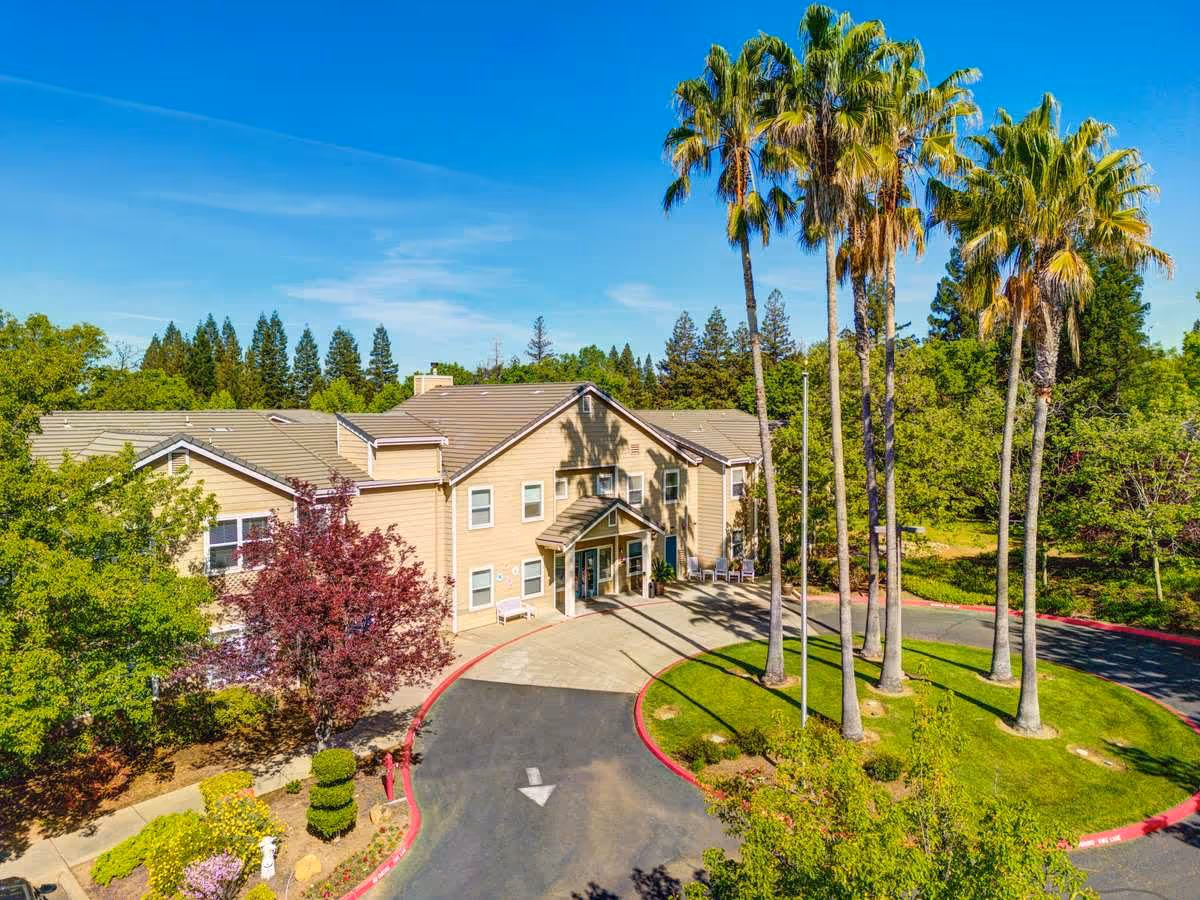 Exterior view of Vista Roseville Senior Living facility showing a two-story beige building with a covered entrance, surrounded by tall palm trees, various other trees, and landscaped greenery under a clear blue sky.