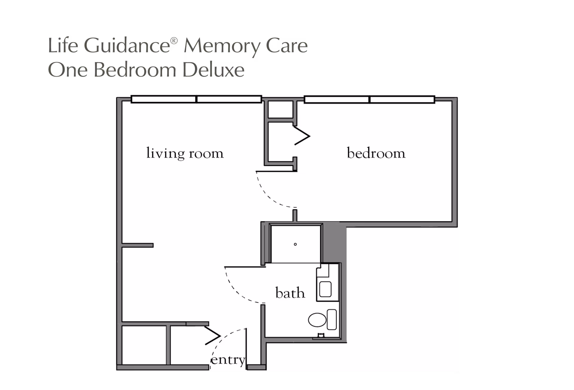 Floor plan layout of a one bedroom deluxe memory care unit showing a living room, bedroom, bathroom, and entry area.