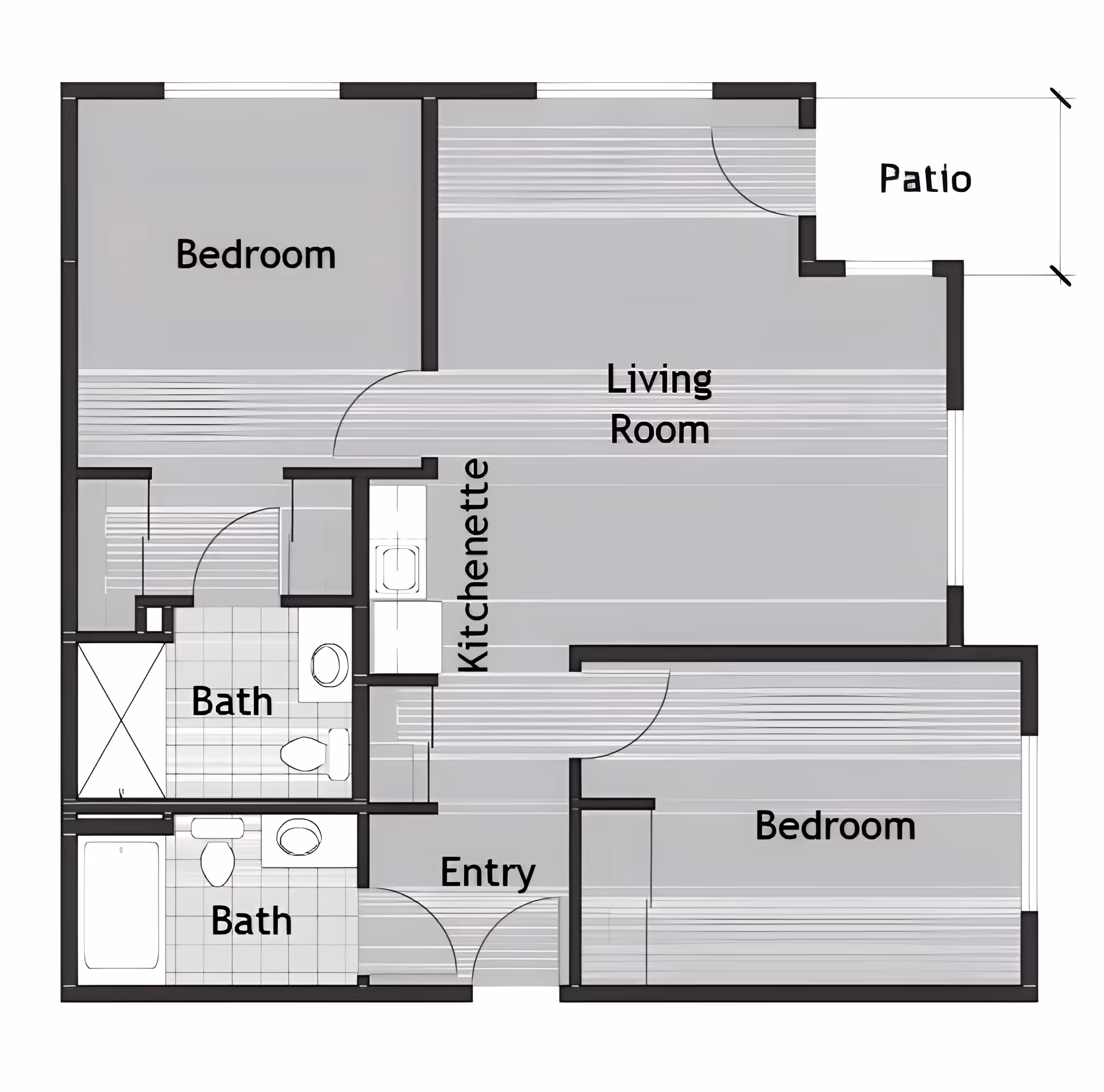 Floor plan of a living space at Kennedy Meadows Gracious Retirement Living showing two bedrooms, two bathrooms, a kitchenette, a living room, an entry area, and a patio.