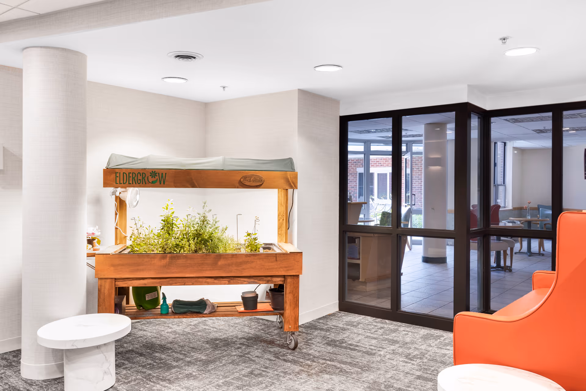 Indoor area with a wooden planter box labeled 'Eldergrow' containing green plants, positioned near a white round table and an orange armchair. The background shows a glass wall with a view into another room with tables and chairs.