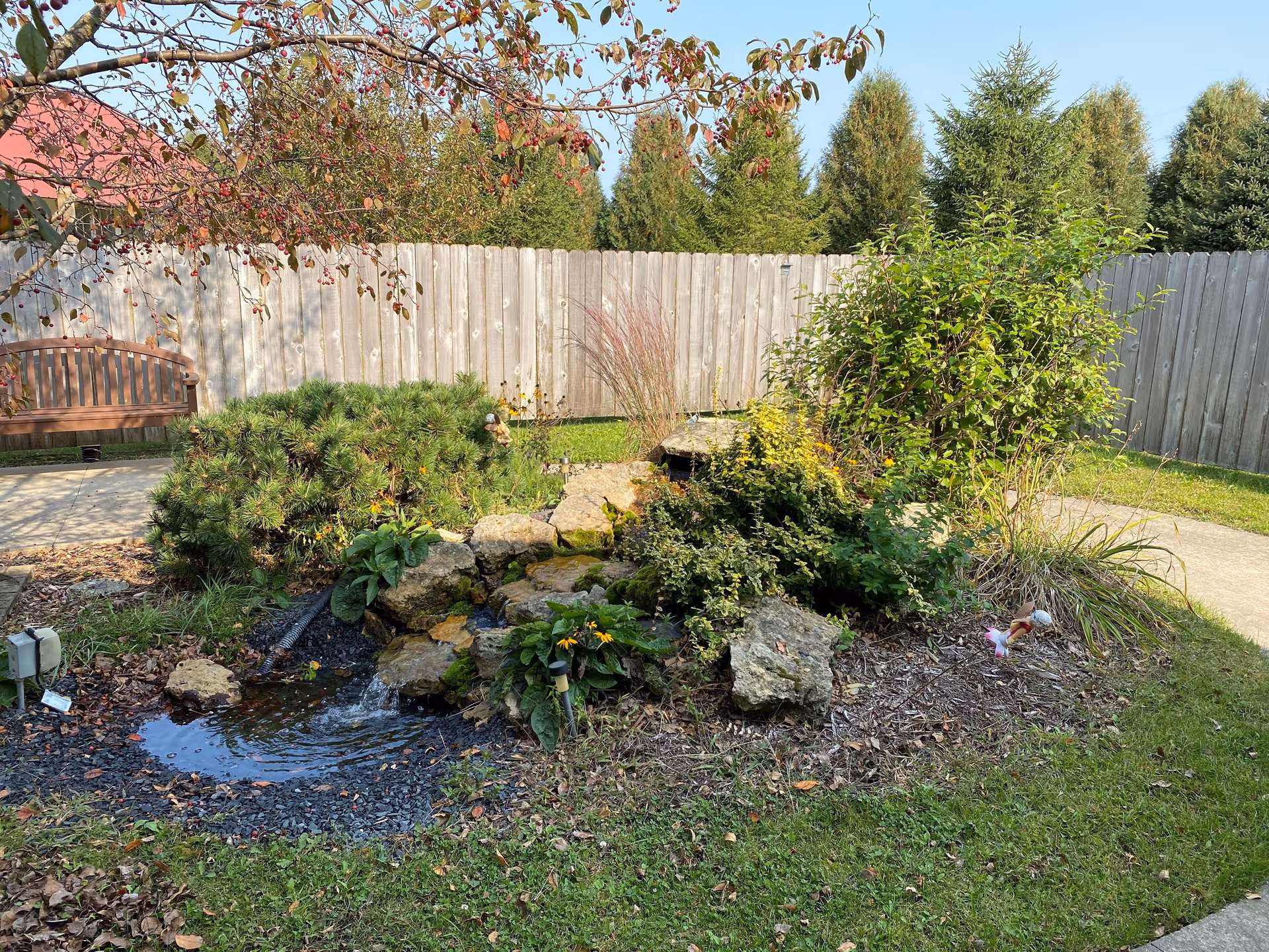 A small garden area with a water feature surrounded by rocks and various green plants. There is a wooden bench on a concrete path to the left, a wooden fence in the background, and trees beyond the fence under a clear blue sky.