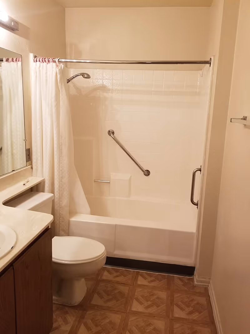A small bathroom featuring a white bathtub with a showerhead and a white shower curtain. There is a metal grab bar installed diagonally on the tiled wall of the bathtub. Next to the bathtub is a white toilet and a vanity with a sink and a large mirror above it. The floor has a patterned tile design.