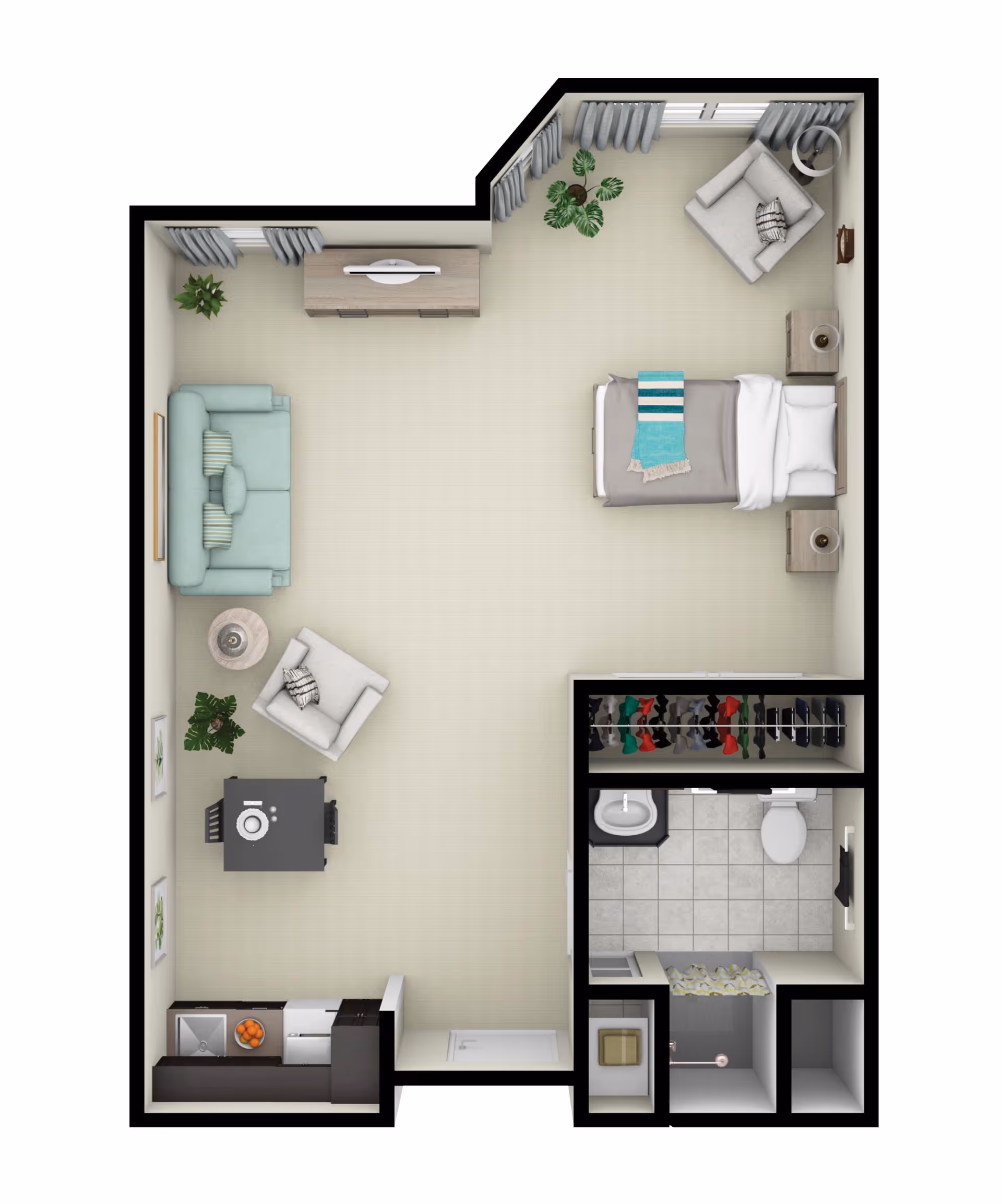 Top-down view of a studio apartment floor plan featuring a sleeping area with a bed, two nightstands, and an armchair near windows. The living area includes a sofa, armchair, coffee table, and TV stand. There is a small dining table with two chairs adjacent to a kitchenette with a sink, refrigerator, and counter space. A bathroom with a sink, toilet, and shower is located in the bottom right corner, next to a closet with hanging clothes.