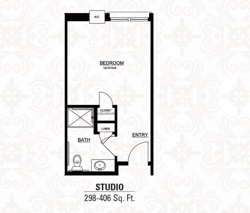Floor plan of a studio apartment at Heritage Assisted Living & Memory Care, showing a bedroom area measuring 12 feet 7 inches by 12 feet 8 inches, a bathroom with a toilet and sink, a closet, linen storage, and an entry door. The total area is between 298 and 406 square feet.
