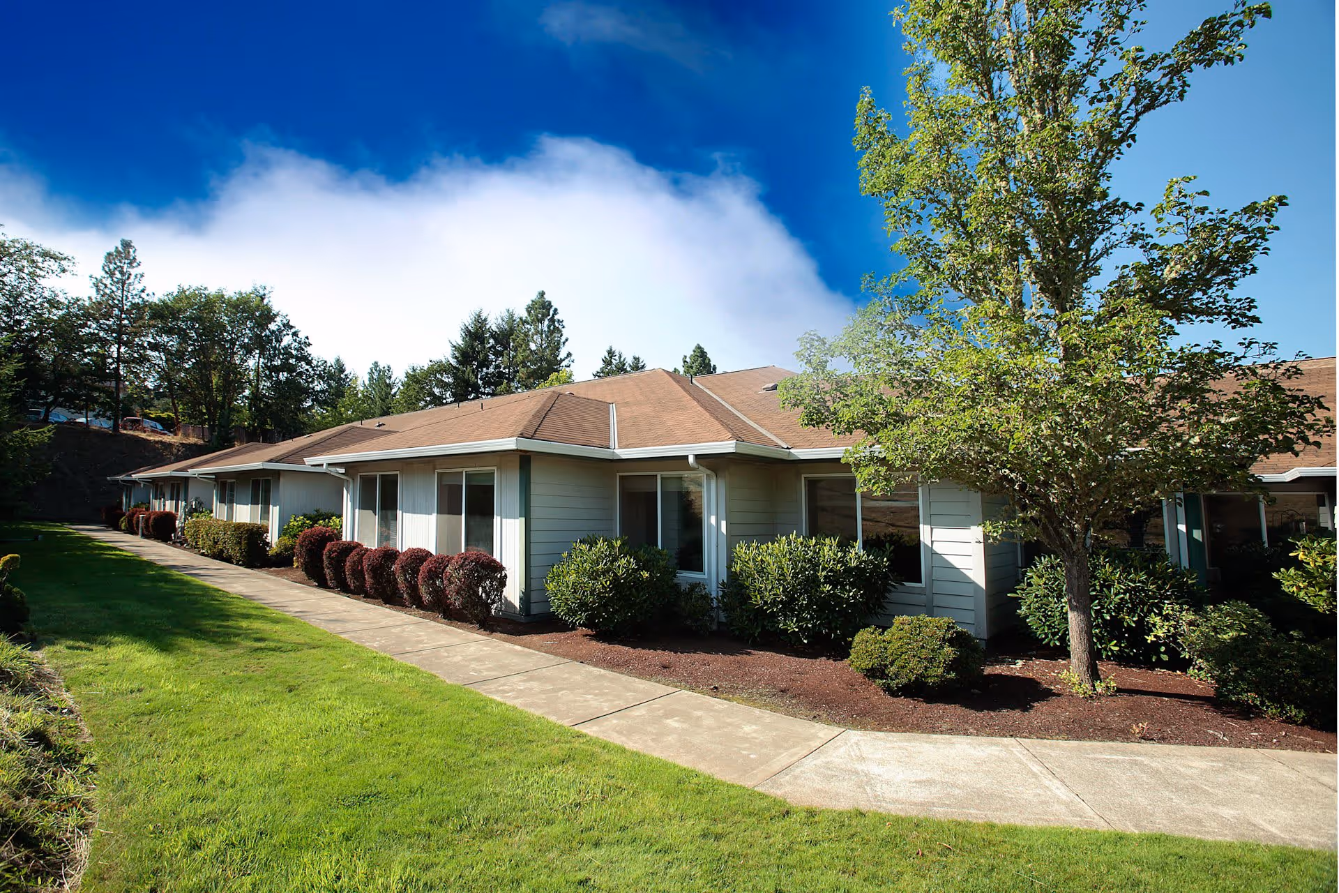 Single-story residential building with beige siding and brown roof surrounded by well-maintained landscaping including bushes, a tree, and green grass under a blue sky with some clouds.