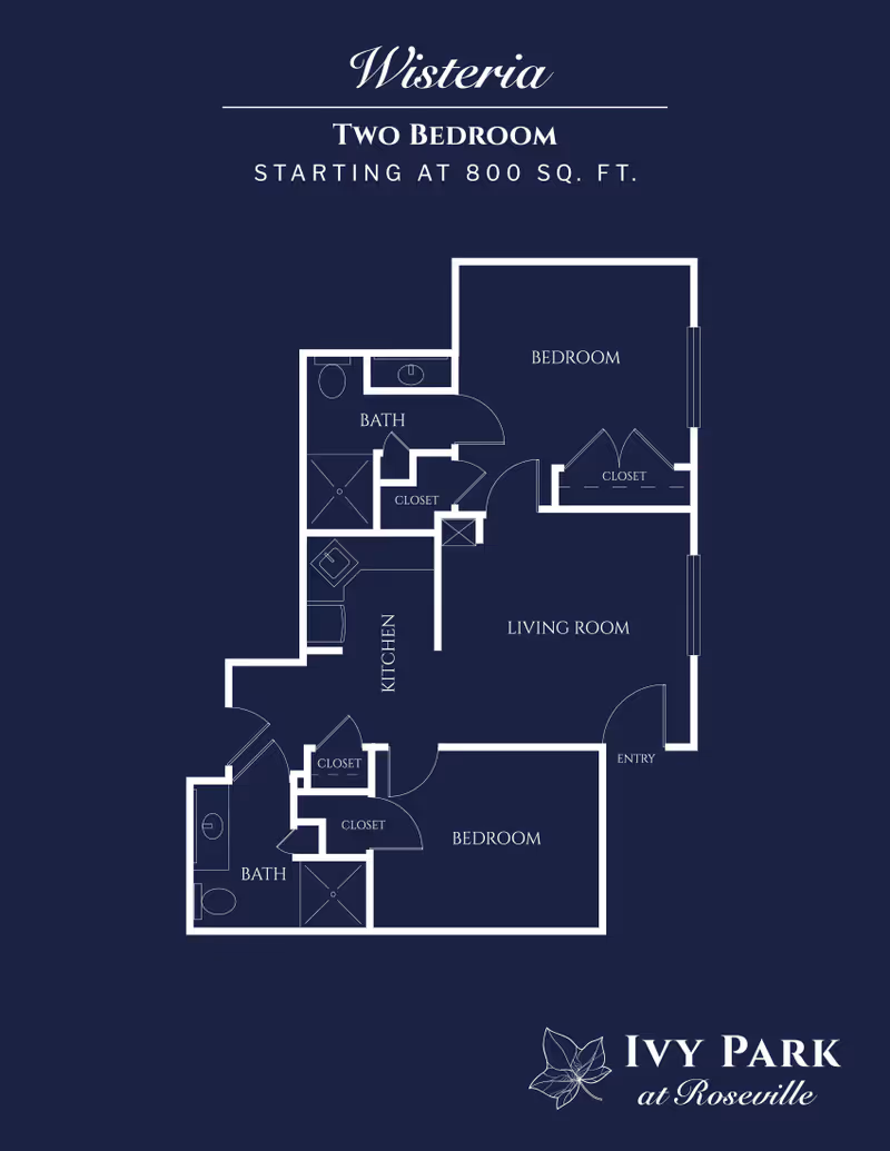 Floor plan of the Wisteria two-bedroom apartment at Ivy Park at Roseville, showing two bedrooms, two bathrooms, a kitchen, a living room, closets, and an entry area.