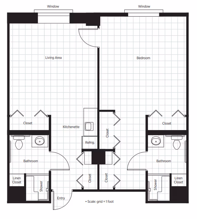 Architectural floor plan of a senior living unit at Belmont Village Senior Living San Jose, showing two separate living areas each with a bedroom, bathroom with shower, closets, kitchenette with refrigerator, and entry. The scale grid represents 1 foot per square.