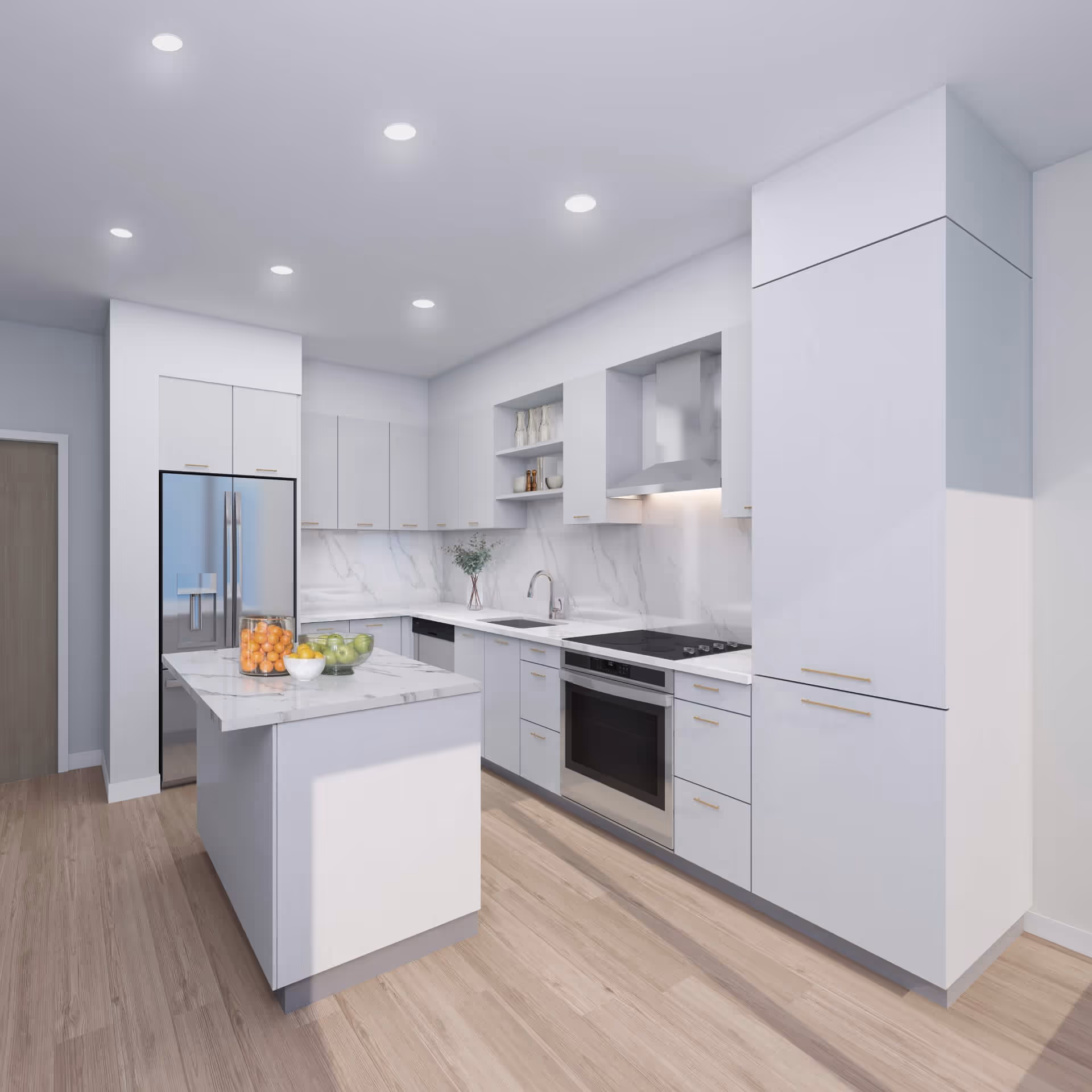 Modern kitchen with white cabinets, marble countertops, a kitchen island with bowls of fruit, stainless steel refrigerator, oven, stovetop, and a sink under recessed ceiling lights.