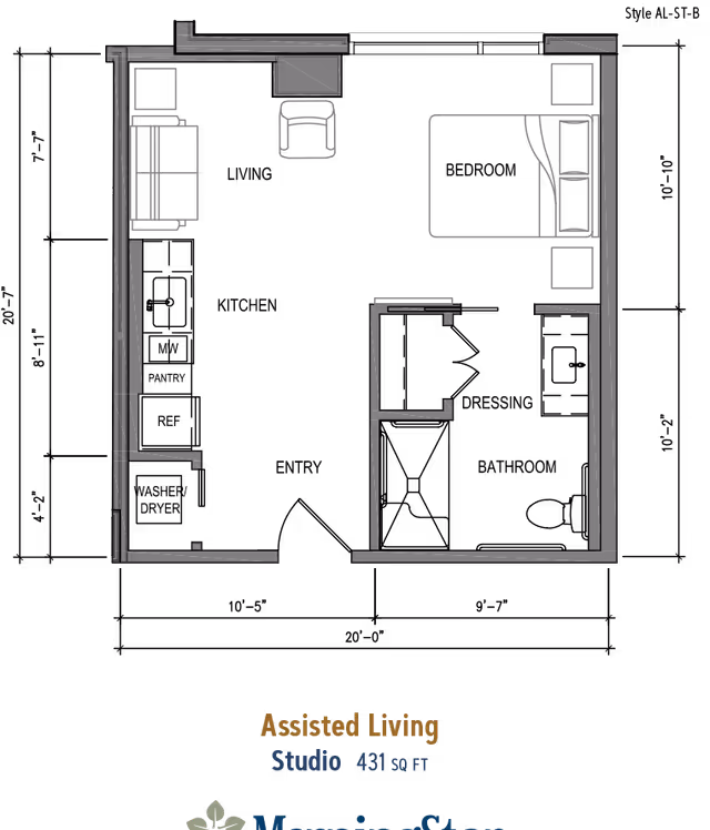 Floor plan layout of an assisted living studio apartment at MorningStar Senior Living at River Oaks, showing a combined living and sleeping area with a bed, sofa, chair, and desk, along with a separate bathroom area. The total area is 431 square feet.