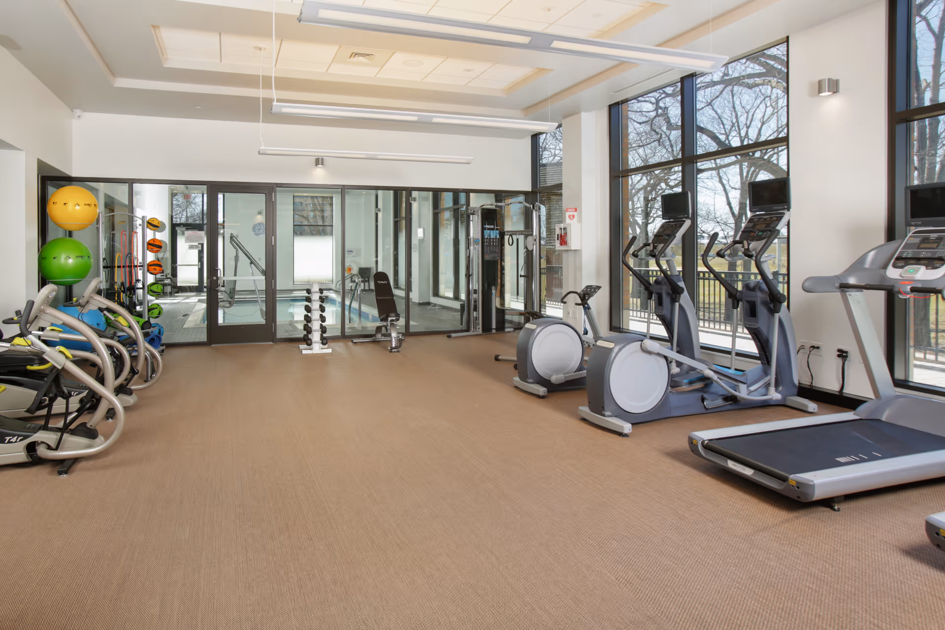 A bright fitness room with exercise equipment including treadmills, elliptical machines, stationary bikes, and a weight bench. Large windows let in natural light and provide a view of trees outside. There are colorful exercise balls and dumbbells on racks along one wall. A glass door at the back leads to an indoor pool area.