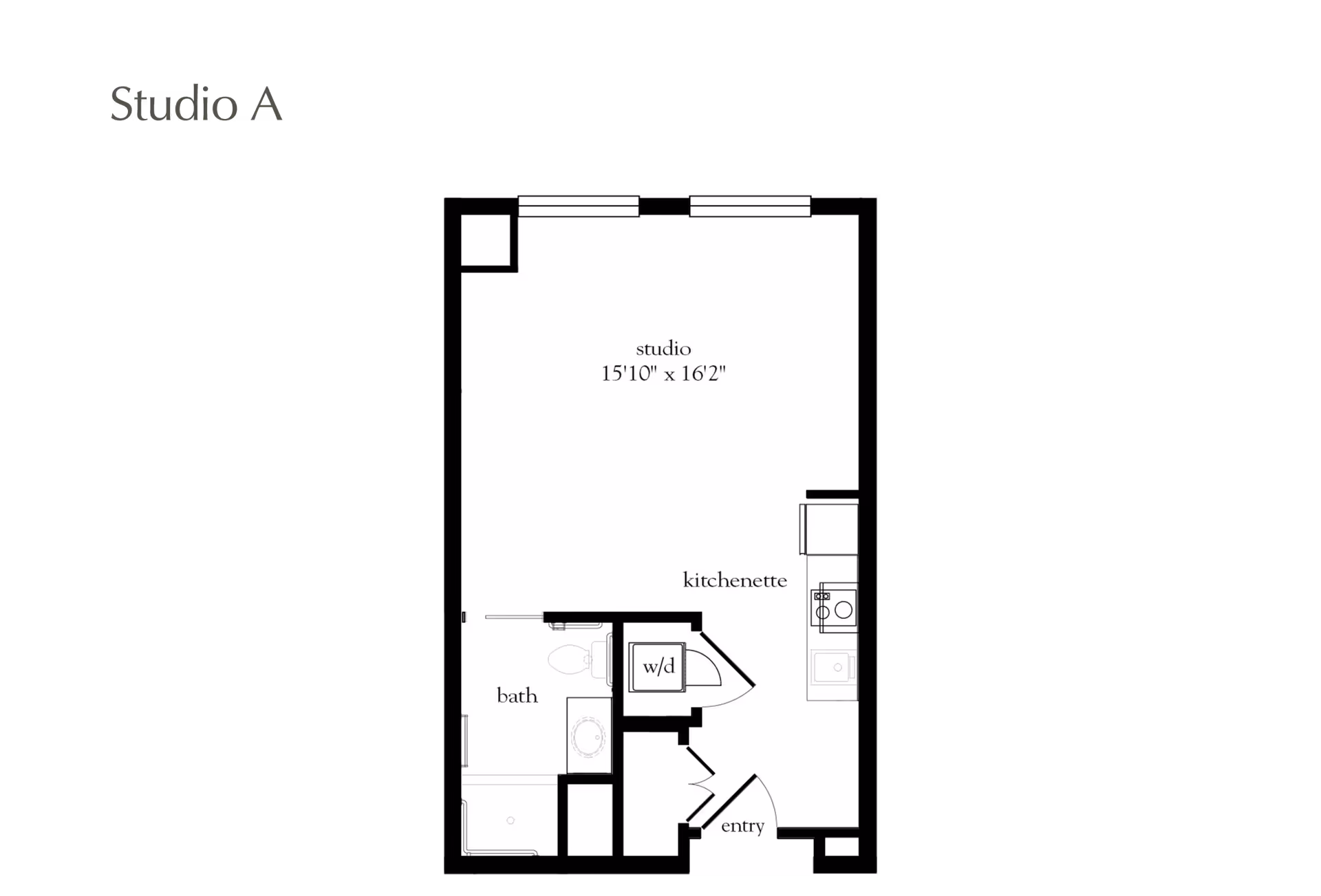 Floor plan of a studio apartment labeled Studio A, showing a main studio room measuring 15 feet 10 inches by 16 feet 2 inches, a kitchenette area, a bathroom with a toilet, sink, and bathtub, a washer/dryer closet, and an entry door.
