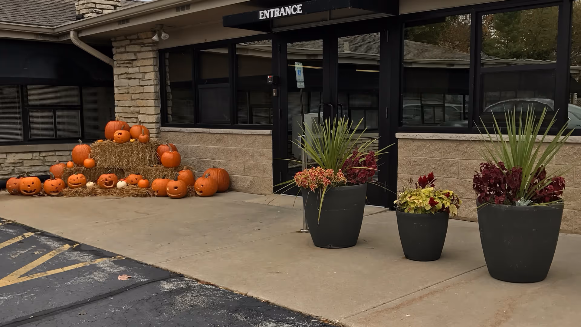 Entrance to a building with glass double doors labeled 'ENTRANCE'. To the left of the doors, there is a display of carved pumpkins arranged on hay bales. To the right of the doors, there are three large black planters with green and red plants. The building exterior is made of stone and brick.