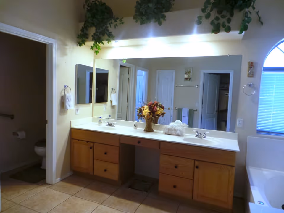 A bathroom interior featuring a double sink vanity with wooden cabinets and a large mirror above. There are decorative plants on a shelf above the mirror and a floral arrangement on the countertop. To the left, there is a doorway leading to a toilet area with a grab bar and toilet paper holder. To the right, there is a window with blinds and a bathtub partially visible.