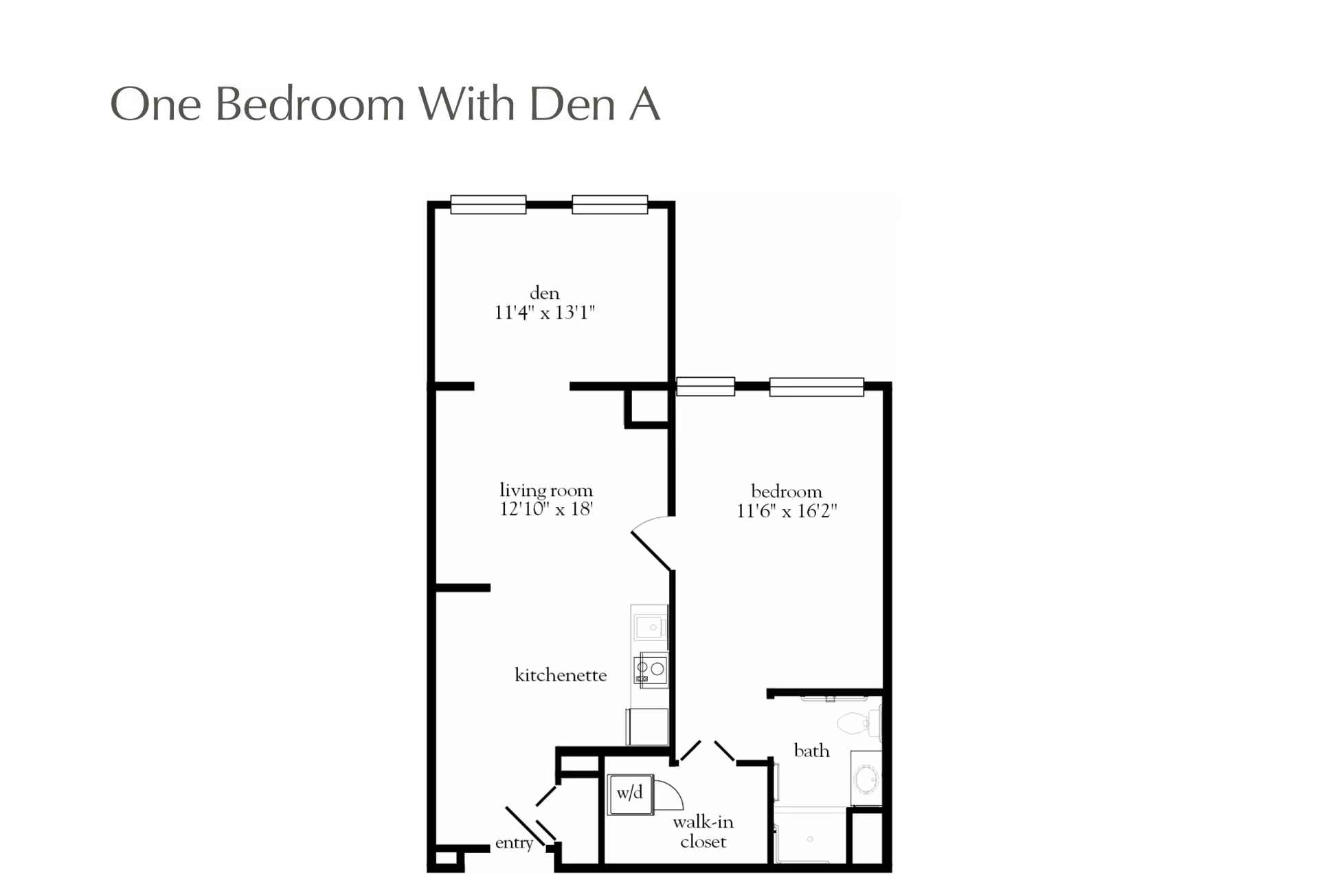 Floor plan layout titled 'One Bedroom With Den A' showing a den, living room, kitchenette, bedroom, bath, walk-in closet, washer/dryer area, and entry.