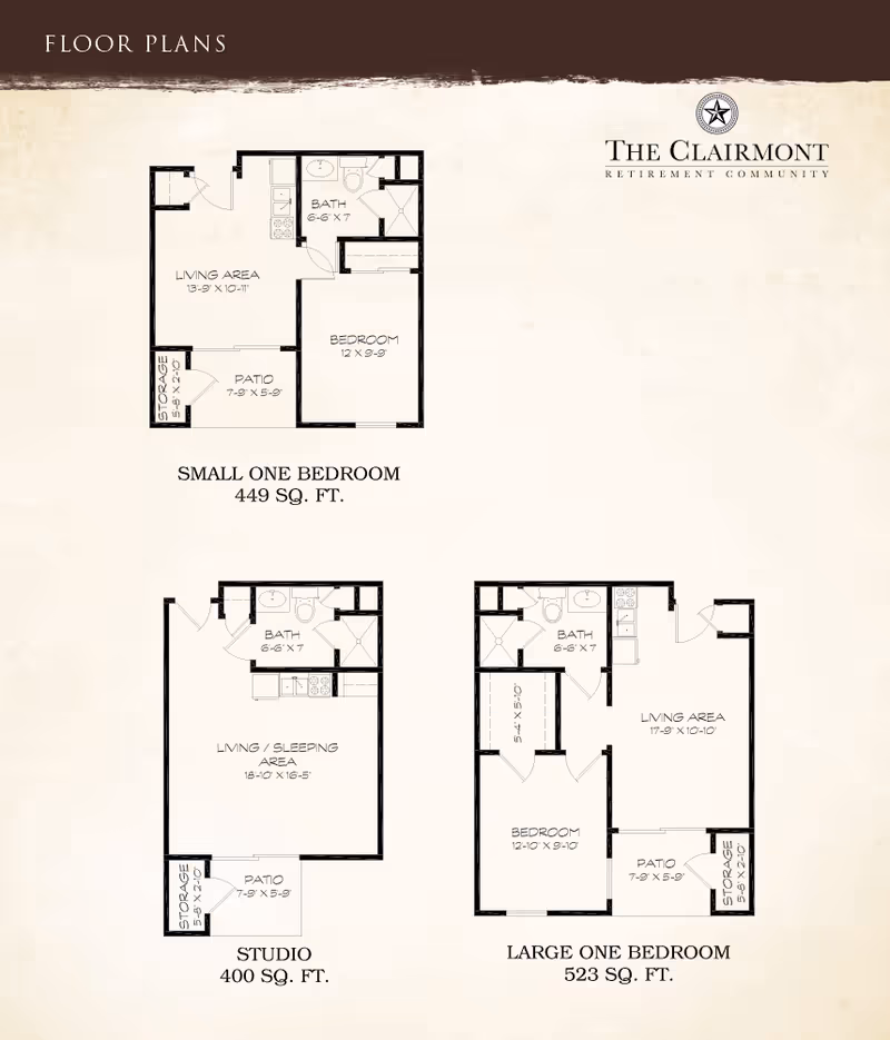 Floor plans for The Clairmont Retirement Community showing three layouts: Small One Bedroom (449 sq. ft.) with living area, bedroom, bath, patio, and storage; Studio (400 sq. ft.) with living/sleeping area, bath, patio, and storage; Large One Bedroom (523 sq. ft.) with living area, bedroom, bath, patio, and storage.