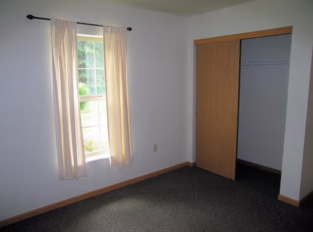 Empty room with a window covered by light-colored curtains, a carpeted floor, white walls, and a wooden sliding closet door partially open revealing an empty closet with a hanging rod.