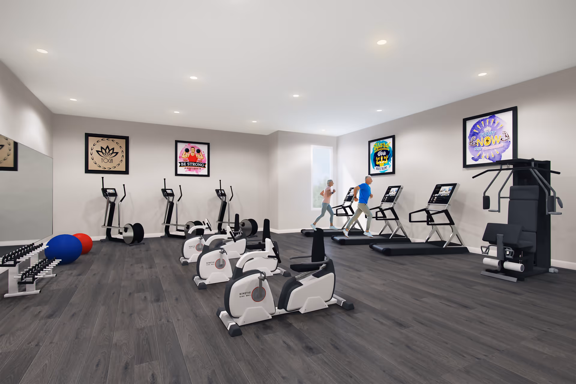A modern fitness room with exercise bikes, treadmills, elliptical machines, and a multi-function weight machine. Two elderly individuals are using the treadmills. The room has dark wood flooring, light gray walls, motivational posters, and recessed ceiling lights.